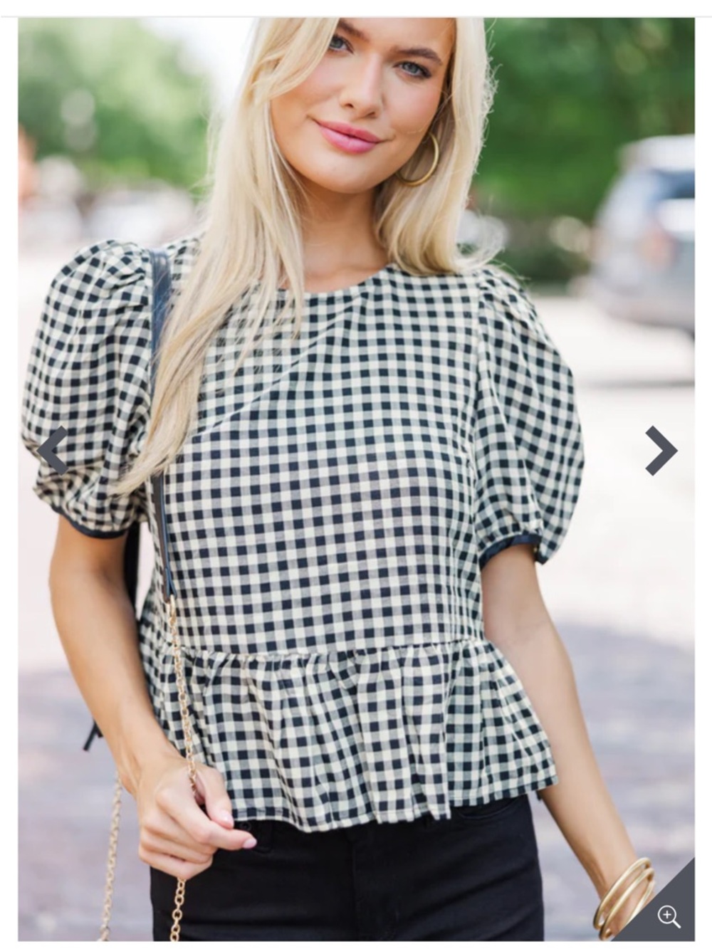 TCEC Black and White Gingham Puff Sleeve Peplum Top